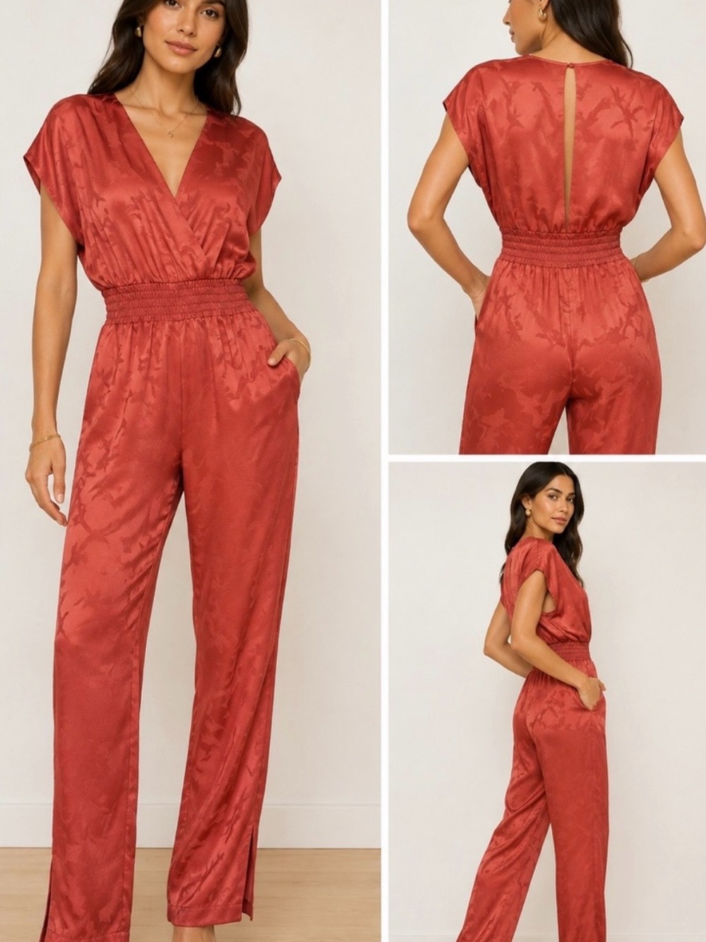 Maje Rust Red Satin V‑Neck Jumpsuit with Smocked Waist